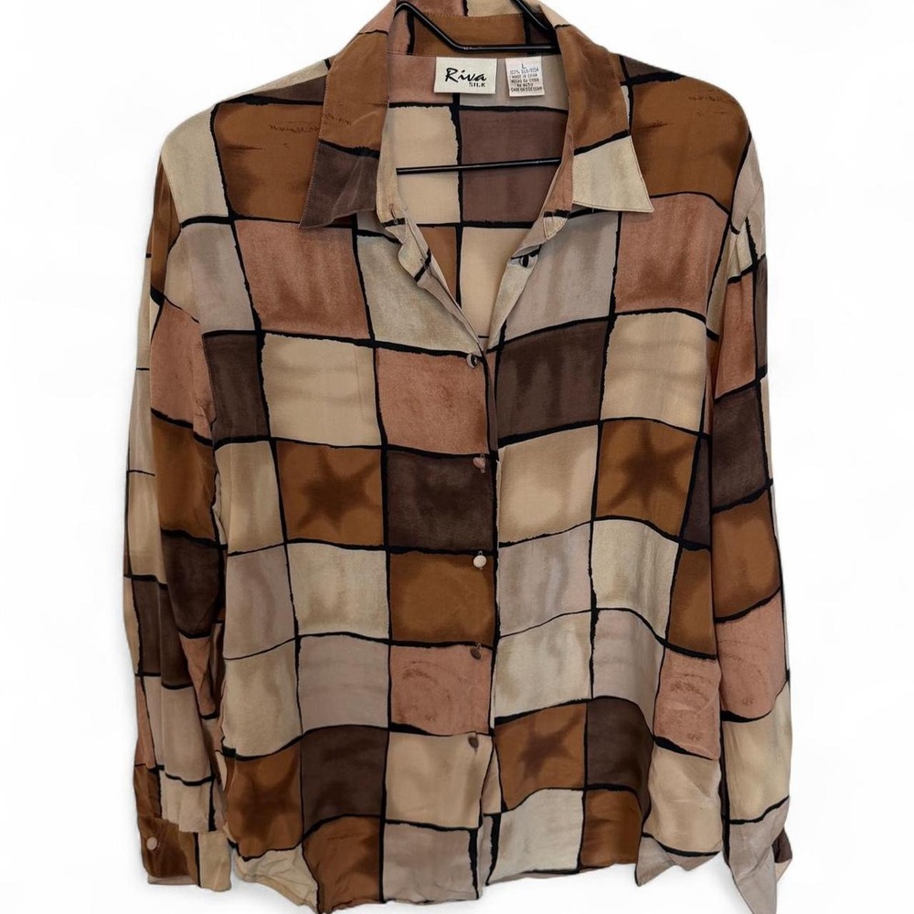 Vintage 100% Silk Abstract Patchwork Button-Up